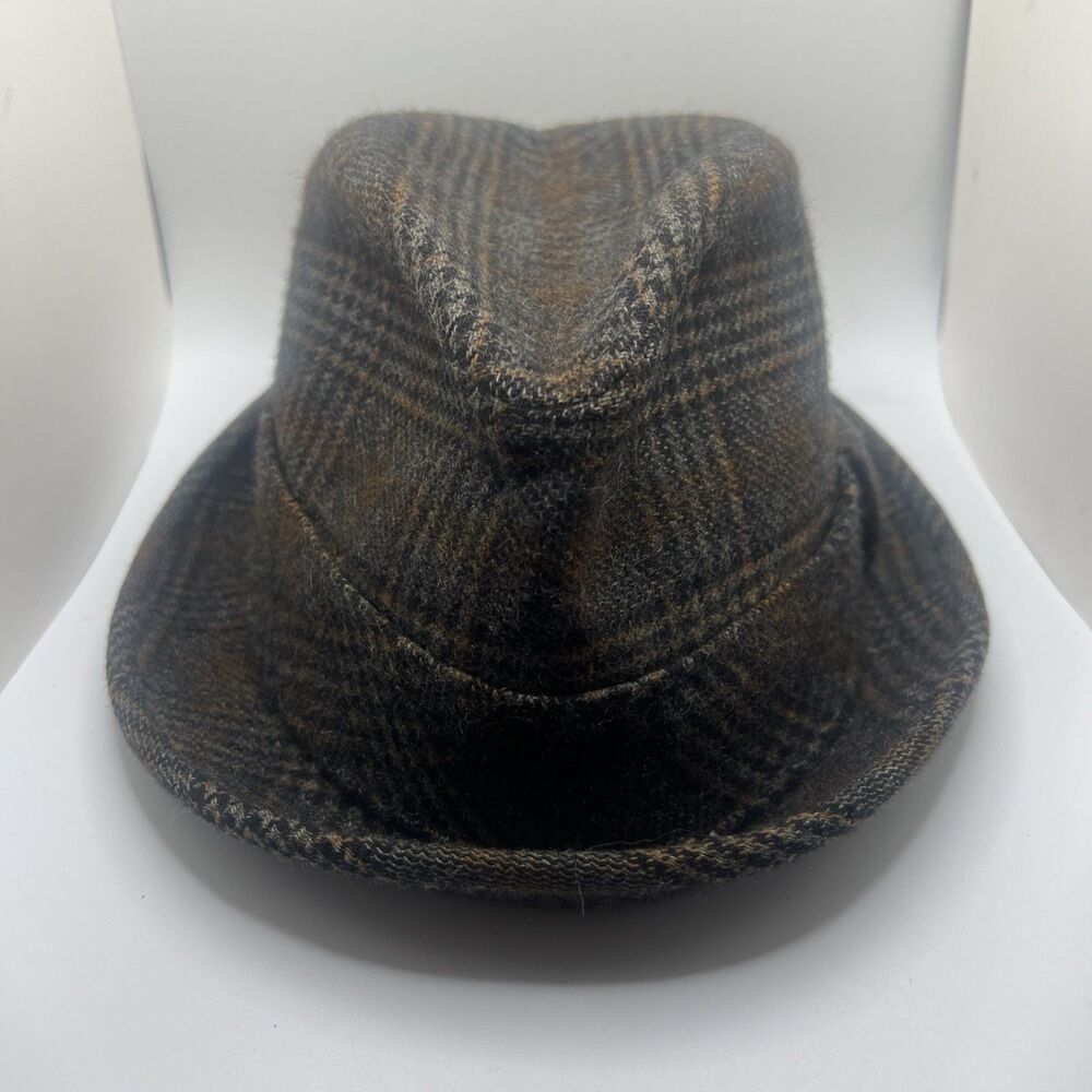 Vintage Vtg Brown 100% Wool Plaid Fedora Hat Size 7 1/4 Cushion Fit